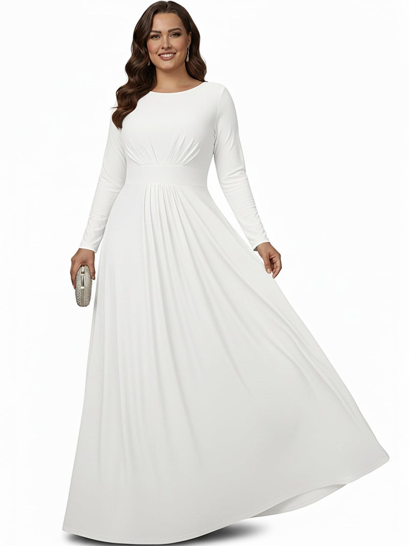 KOH KOH Womens Long Full Sleeve Sleeves Flowy Empire Waist Fall Winter Modest Formal Floor Length Abaya Muslim Bridesmaid Bridal Gown Gowns Maxi Dress Dresses, Ivory White S 4-6 - Image 1